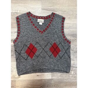Vintage 90s Croquet Club Womens L Grey Argyle Knit Cropped Sweater Vest Preppy